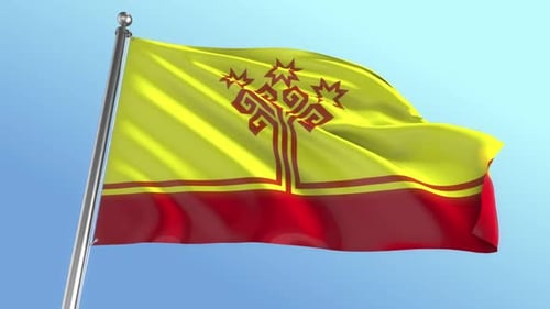 Realistic Waving Flag of Chuvashia Against Blue Sky Background