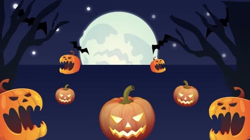 Animated Halloween Night with Spooky Jack-o'-Lanterns and Flying Bats