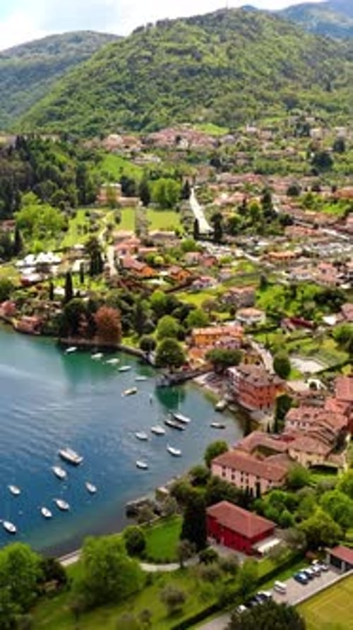 Aerial drone view of the village Bellagio near Lake Como, Italy. Vertical