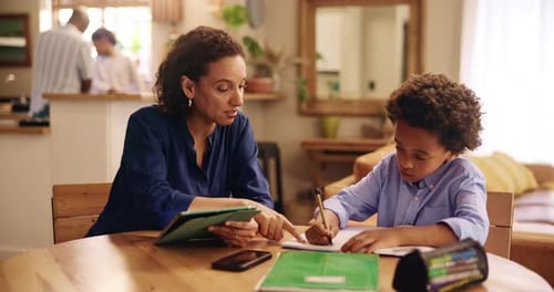 Homework, tablet and tutor with child and notebook for learning, education and development