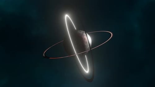 Futuristic Rotating Atom or Planet with Glowing Orbital Rings