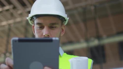 Männlicher Ingenieur mit Tablet-Computer. Glasgebäude oder Wolkenkratzer im Bau im Hintergrund
.