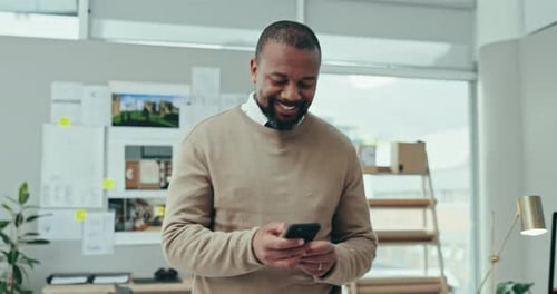Black man, happy and walking with phone in office for social network, mobile chat