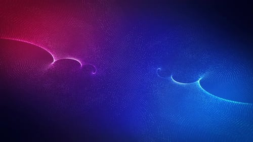 Rotierende Oberflächen aus Partikeln auf blau-rosafarbenem Hintergrund mit Farbverlauf. Abstrakter futuristischer Cyber