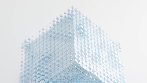 Cubo branco abstrato feito de pequenas partículas flutuantes