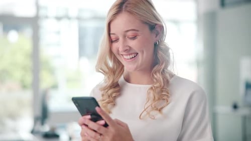 Woman, reading and phone with social media in office for funny post online