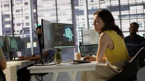 Manager Discussing with Employees in Office Developing Artificial Intelligence