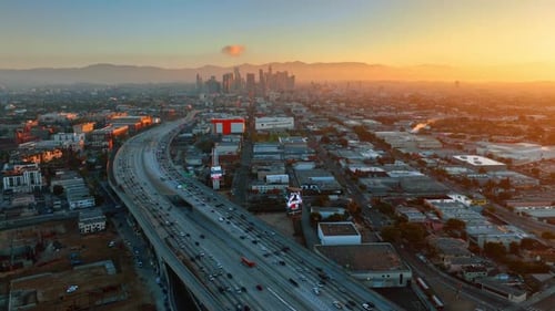 Hundreds of cars move to and from the downtown of Los Angeles, California, USA