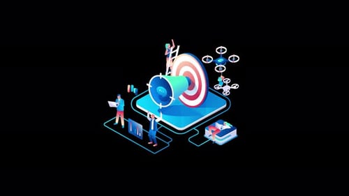 Pessoas trabalhando em uma estratégia de marketing com elementos de tecnologia