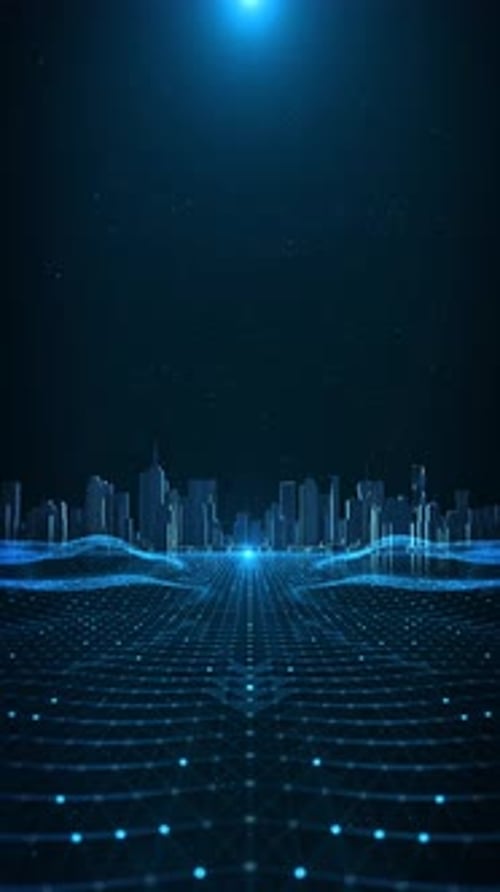 Futuristic City Skyline Glowing Digital Data Grid Landscape Smart City Technology Network Connection