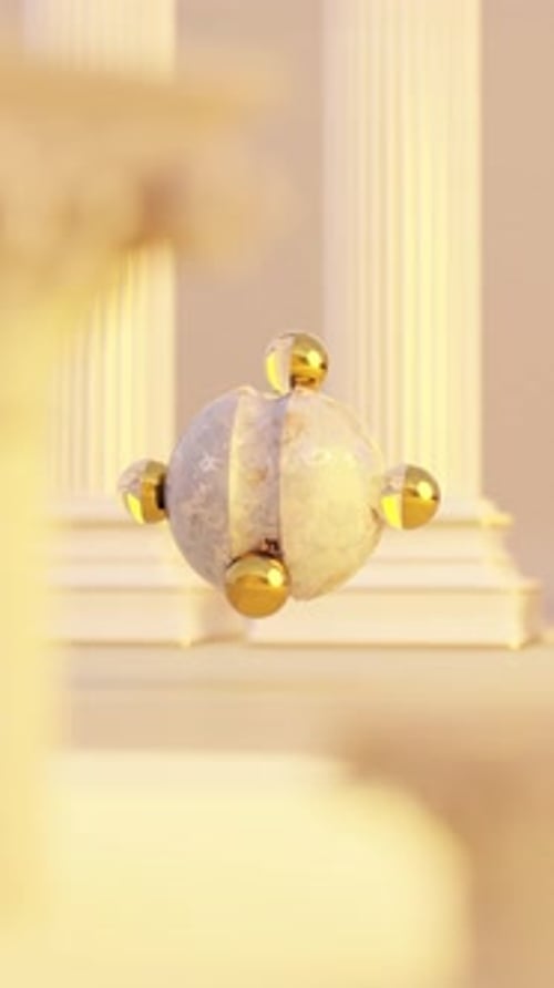 3D-Rendering kleiner glänzender Kugeln, die sich auf einer Kugel in der Nähe von Säulen drehen