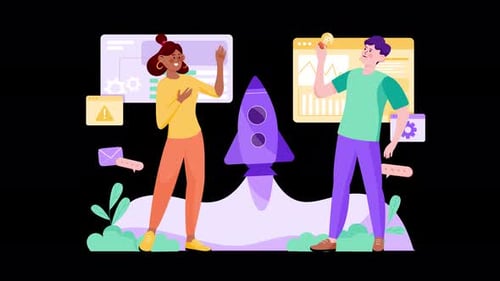 Team collaboration in a digital workspace with a rocket illustration