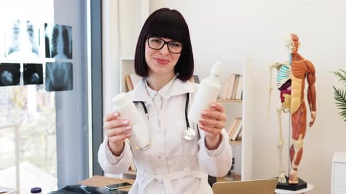 Smiling Female Doctor Holding Medication Bottles in Medical Office