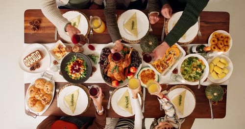 Overhead View of Family Clinking Glasses at Dinner