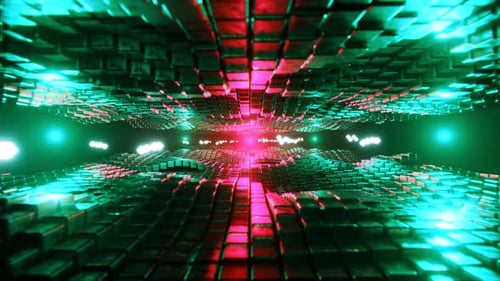 Colorful waving abstract animation. Futuristic background with neon cubes