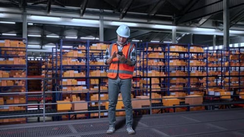 Asian Male Engineer Using Smartphone While Standing In The Warehouse