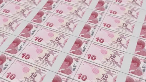 10 TURKISH LIRA banknotes printing by a money press