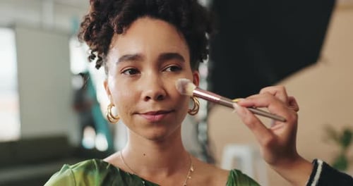 Woman Getting Makeup Applied with Brush Close Up