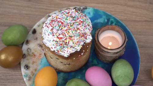 Festive Easter Dishes on the Table Easter Cake Colored Eggs a Candle