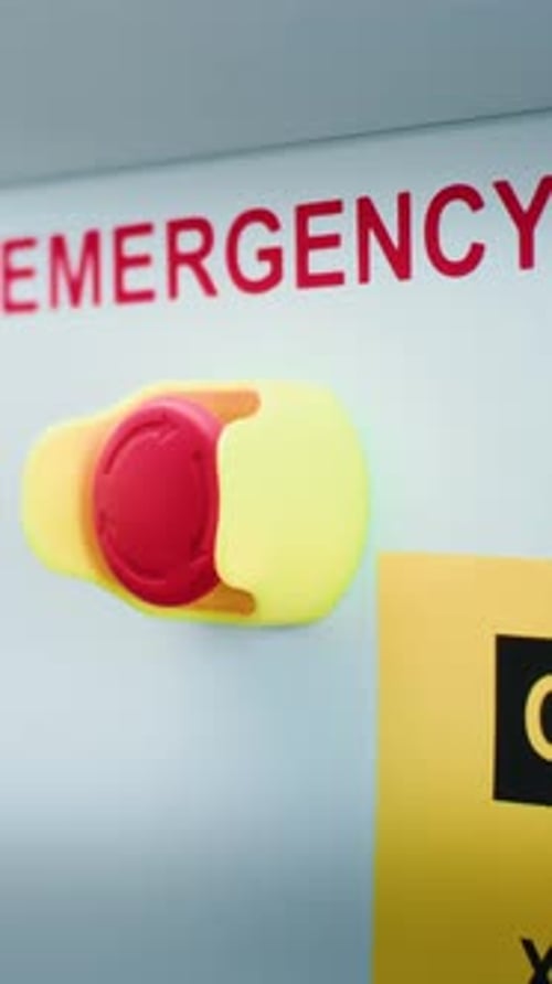 Worker Pressing Emergency Button on Control Panel of Xray Scanning Metal Detector