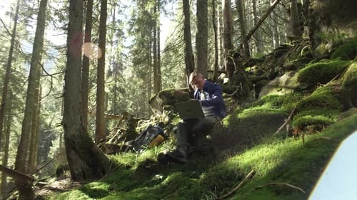 A Guy Works at a Computer in the Forest While Hiking in the Mountains