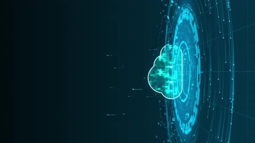 Blue digital cloud computing logo with particle ring circle rotation with ai technology icons