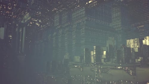 Futuristic City in the Sky with Towering Structures and Glowing Lights