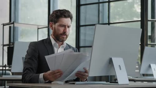 Unmotivated Tired Exhausted Burnout Adult Worker Manager Businessman Sitting in Office with