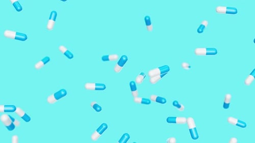 Weiße blaue Kapseln fallen langsam vor blauem Hintergrund, Medikamente, Pillen, Tabletten, Medizinkonzept, 3D-Renderer