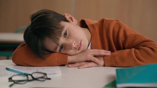 Caucasian Bored Schoolboy Sleepy at School Elementary Education Study Learning Tired Exhausted Sad
