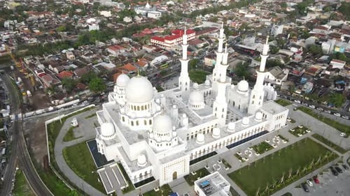 Aerial view in the evening, Sheikh Zayed Grand Mosque in Surakarta, Central Java, Indonesia. Very be