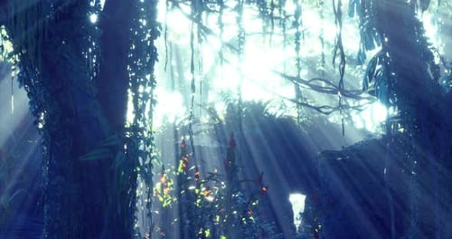 Sunlight Rays Through Ethereal Jungle Forest Canopy