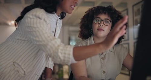 Teamwork, mentor and business women on computer online project with communication and planning