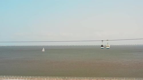 Gondolas Gliding Above Waterfront with Bridge Backdrop