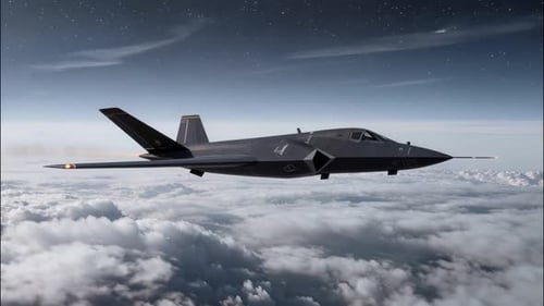 Futuristic Stealth Jet Flying Above Clouds in Starry Night Sky