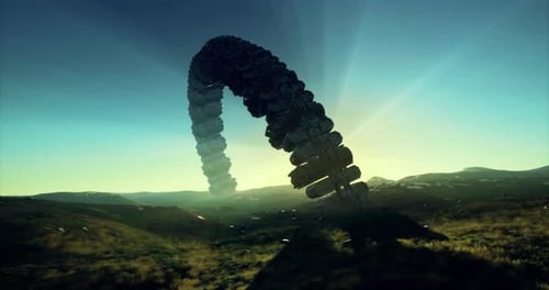 Das mysteriöse Alienschiff schwebt bei Sonnenuntergang über einer ruhigen Landschaft
