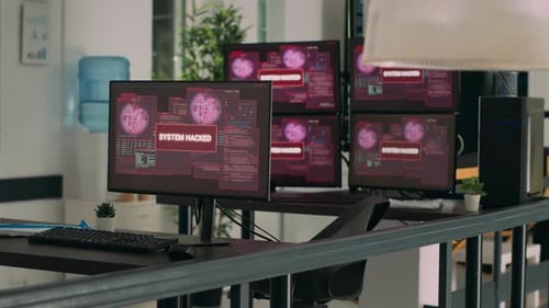 Leeres Büro der Agentur mit Computer, der Systemfehler, Sicherheit und Hacking-Warnung anzeigt