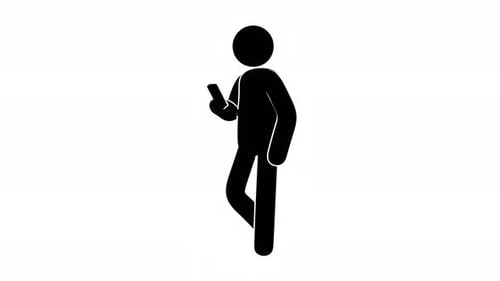Flat Design Stick Figure Walking While Using Phone