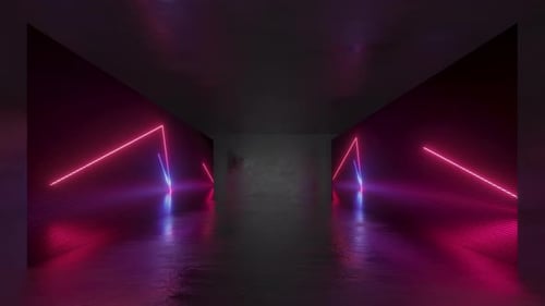 Schwarzer leerer Raum mit zwei digitalen Bildschirmen, auf denen ein Endlosvideo mit geometrischen Neonlinien gezeigt wird