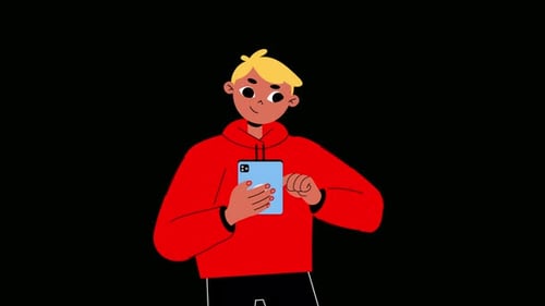 Flat Design Animated Boy Interacting with Smartphone