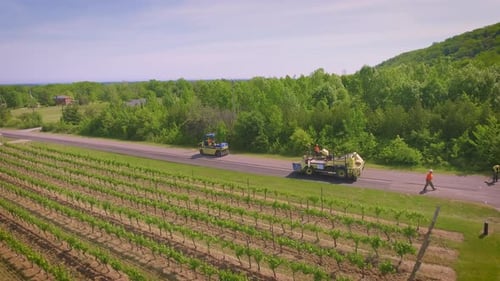 A construction crew paving a country road on a summer day