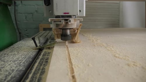 Closeup of a Powerful Wood Cutter Working with Plywood in a Carpentry Workshop