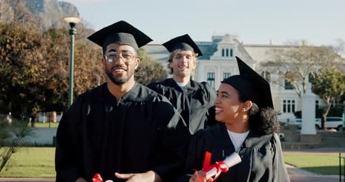 Happy people, walking or students with certificate for graduation or scholarship together on campus