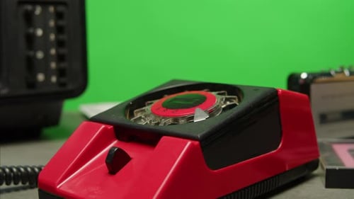 Retro Vintage Phone on Chroma Key Green Screen Rotary Telephone is Displayed on a Wooden Desk Adding