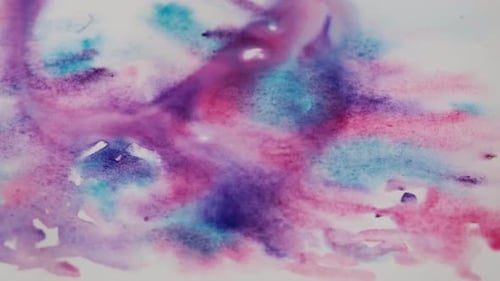 Colorful watercolor painting with blue, pink, purple