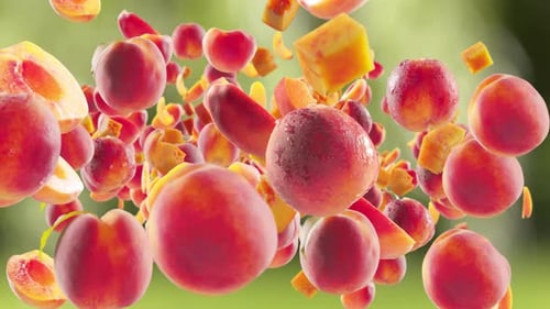 Burst of Peach Peaches Slices in Green Garden Background