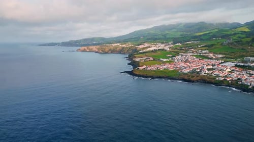 Morning Seaside Village Landscape Aerial Shot Drone Flying Beautiful Coastline