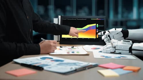 A high-tech office scene featuring AI-powered solutions assisting in business planning, showcasing t