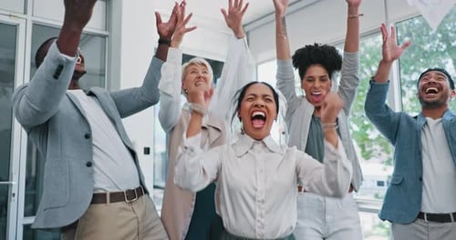 Business people, celebration and documents in air for success, profit and winning in stock market