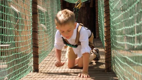 Little boy crawling on all fours over wooden bridge at rope adventure park